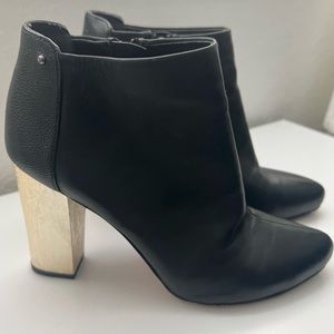 Black leather ankle boots- gold heel accent